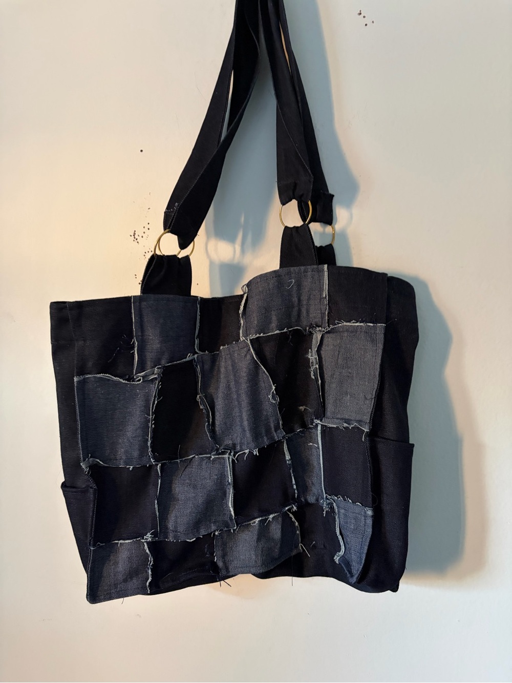 Black Patchwork Denim Satchel Tote